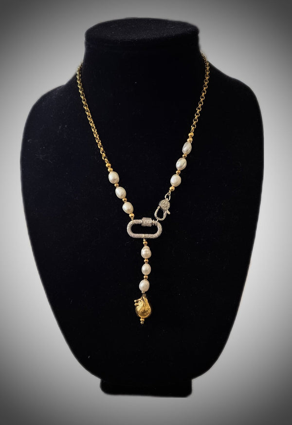 Gold Chain Link and Freshwater Pearl Y Necklace