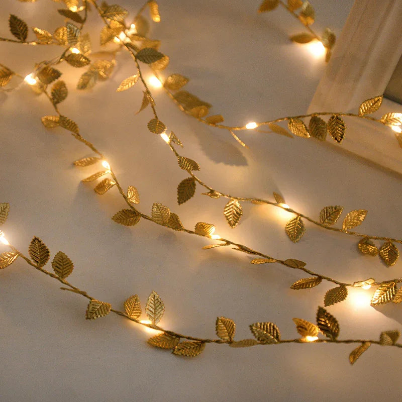 Golden Fairy Lights Garland Battery Operated with Leaves
