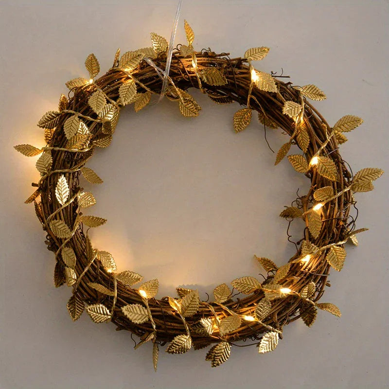 Golden Fairy Lights Garland Battery Operated with Leaves