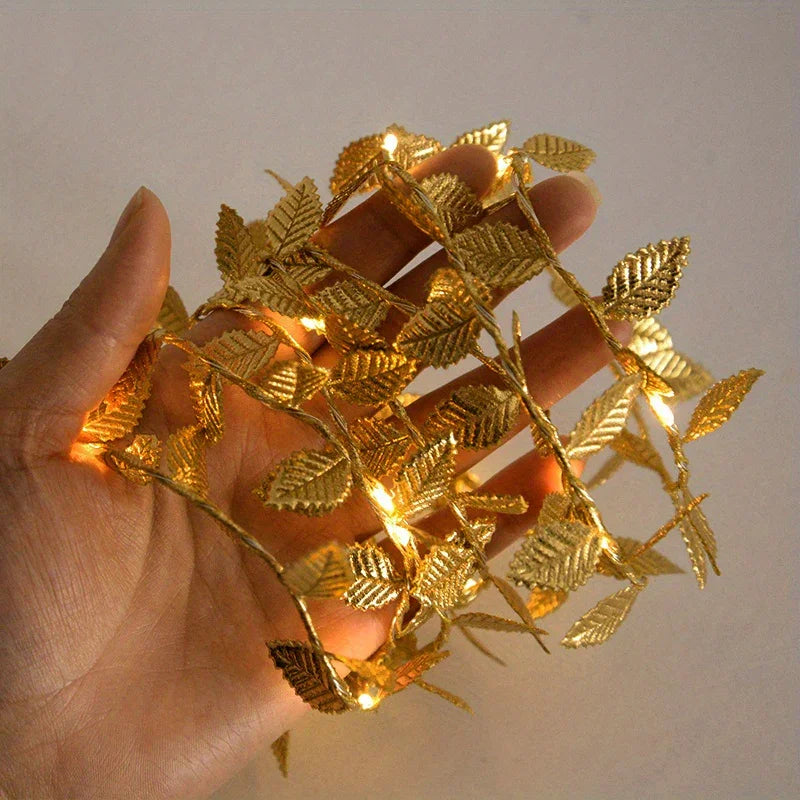 Golden Fairy Lights Garland Battery Operated with Leaves