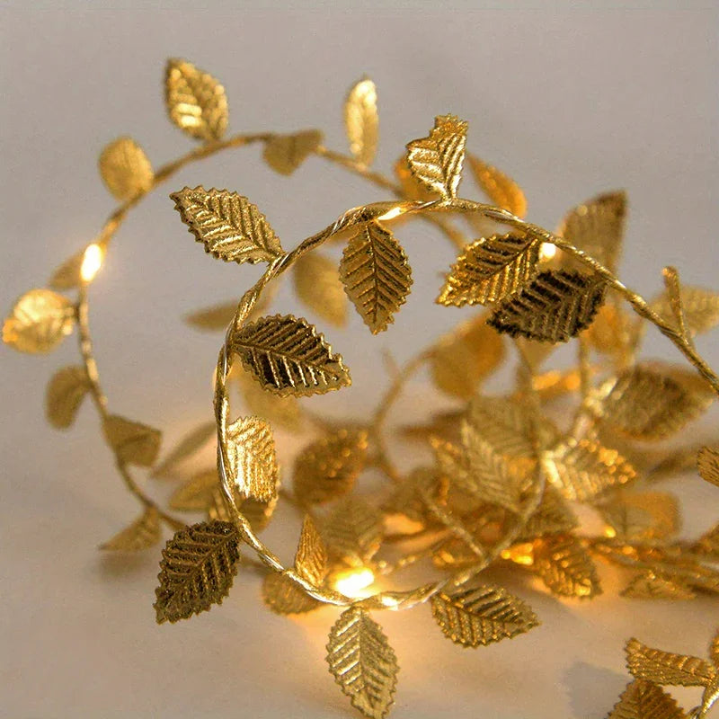 Golden Fairy Lights Garland Battery Operated with Leaves