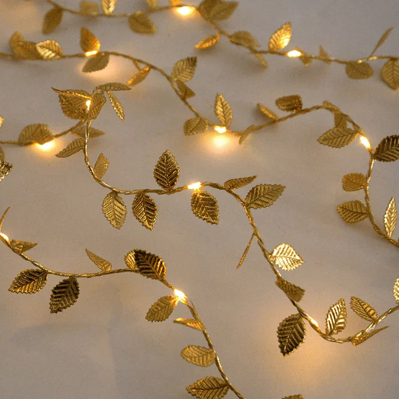 Golden Fairy Lights Garland Battery Operated with Leaves