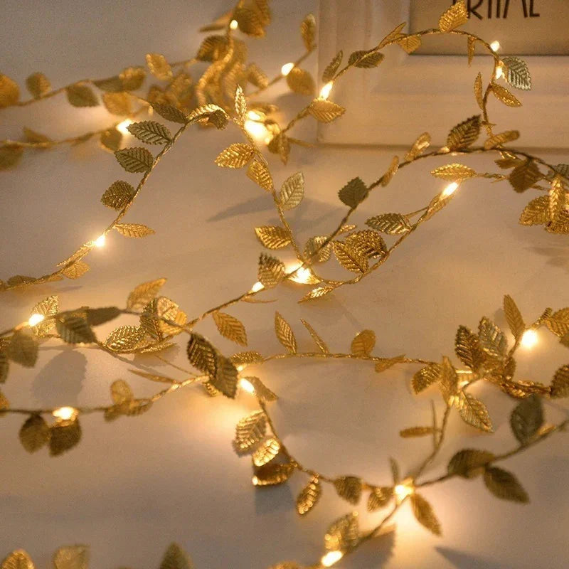 Golden Fairy Lights Garland Battery Operated with Leaves