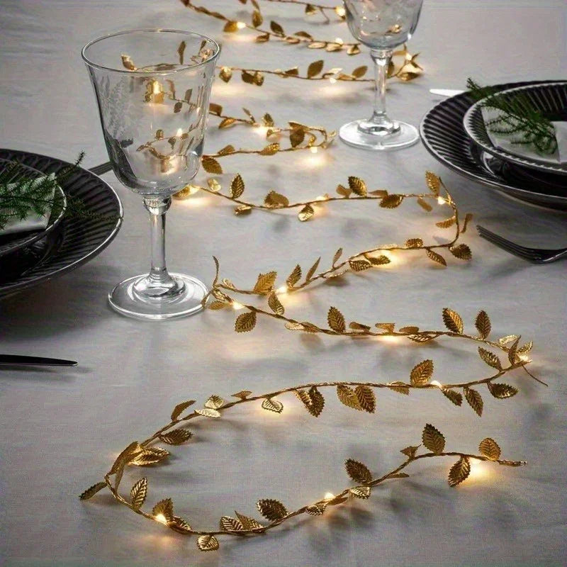 Golden Fairy Lights Garland Battery Operated with Leaves