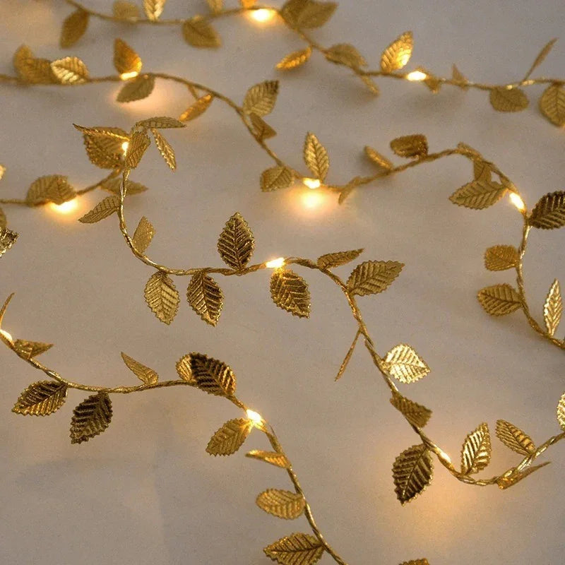 Golden Fairy Lights Garland Battery Operated with Leaves