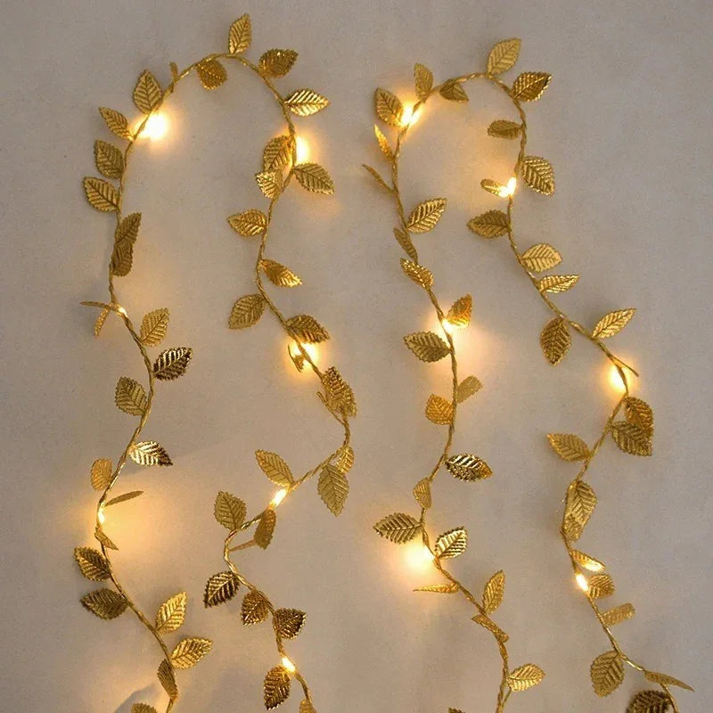 Golden Fairy Lights Garland Battery Operated with Leaves