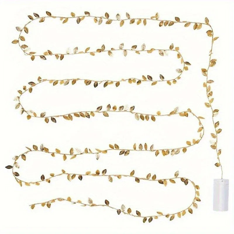 Golden Fairy Lights Garland Battery Operated with Leaves