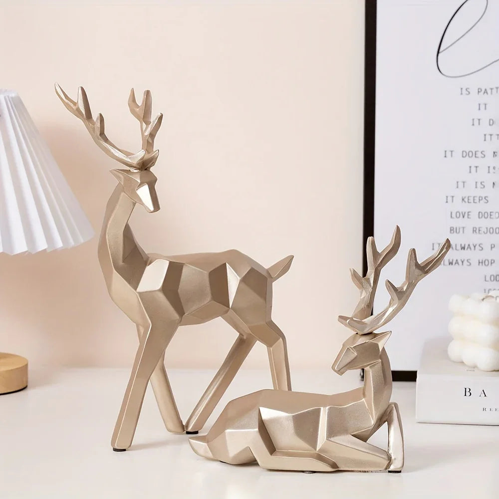 Golden Resin Deer Sculpture with Modern Christmas Decor