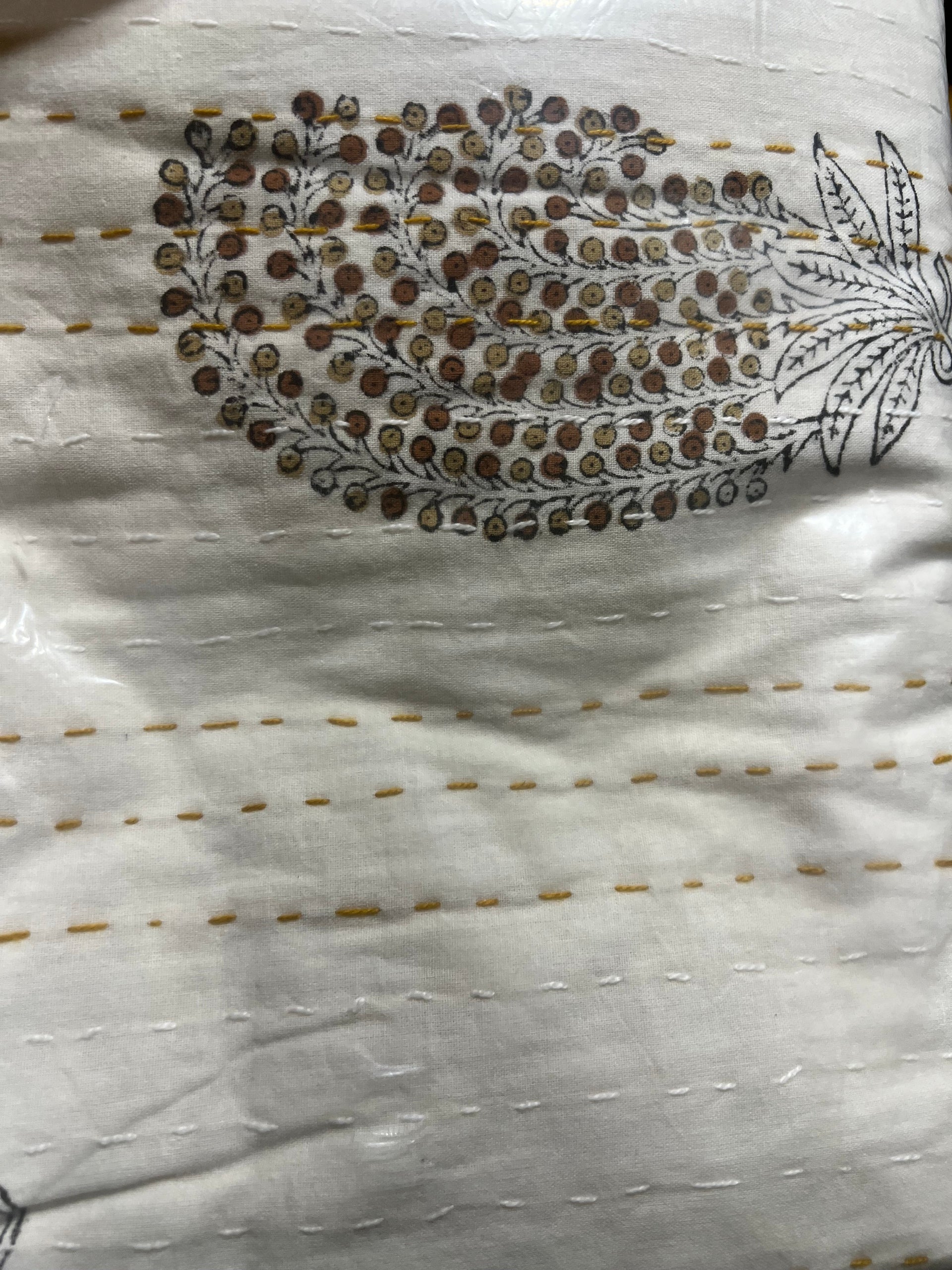 Gold Ferns Block Print Cotton Kantha Quilt (Events)