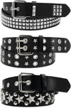 Black Studded Belt Set - 3 Pack Punk Rock Waist Belts with Pyramid Studs, Stars & Grommets
