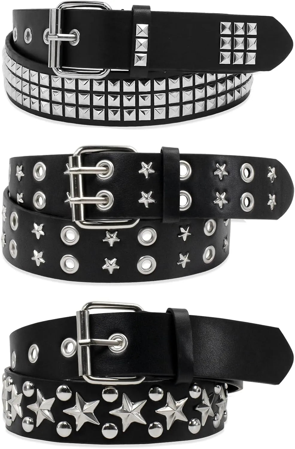 Black Studded Belt Set - 3 Pack Punk Rock Waist Belts with Pyramid Studs, Stars & Grommets
