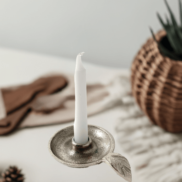 Vibhsa Taper Candlestick Holder Dish | Silver Finish, Leaf Handle, Handcrafted Aluminum