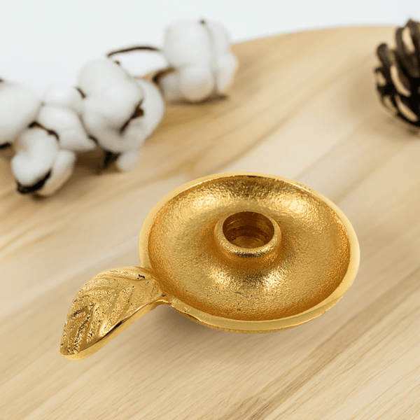 Vibhsa Gold Taper Candlestick Holder Dish | Leaf Handle, Rustic Gold, Aluminum