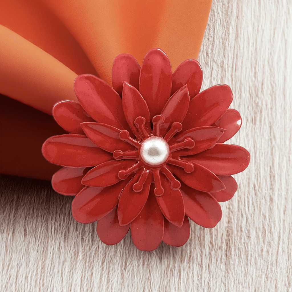 Vibhsa Red Floral Napkin Rings | Set of 4, Pearl Accents, Handcrafted