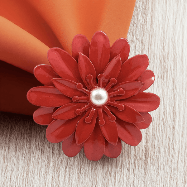 Vibhsa Red Floral Napkin Rings | Set of 4, Pearl Accents, Handcrafted