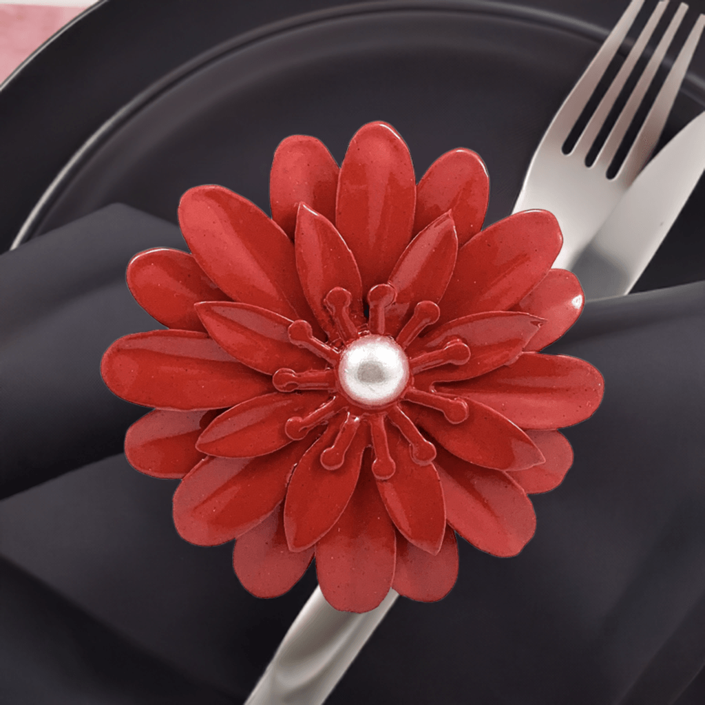 Vibhsa Red Floral Napkin Rings | Set of 4, Pearl Accents, Handcrafted