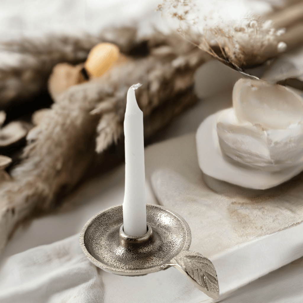 Vibhsa Taper Candlestick Holder Dish | Silver Finish, Leaf Handle, Handcrafted Aluminum