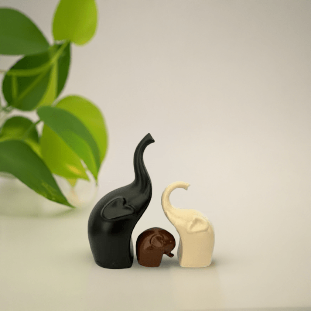 Decorative Elephant Ceramic Figurines set of 3 Black Brown and Off White