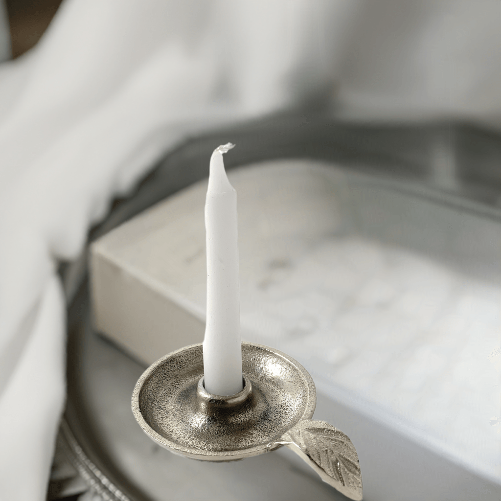 Vibhsa Taper Candlestick Holder Dish | Silver Finish, Leaf Handle, Handcrafted Aluminum