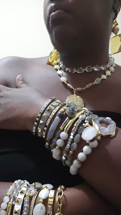 Gray Moonstone and Stripe  Agate Stacked Bracelet set
