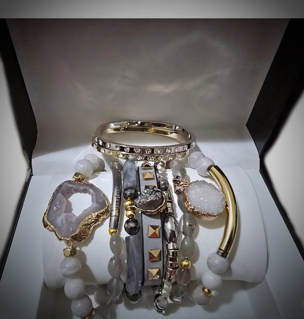 Gray Moonstone and Stripe  Agate Stacked Bracelet set