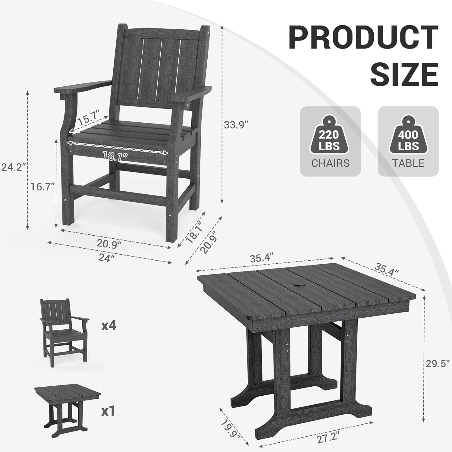 Pamapic HDPE Outdoor Dining Set (5 Pieces)