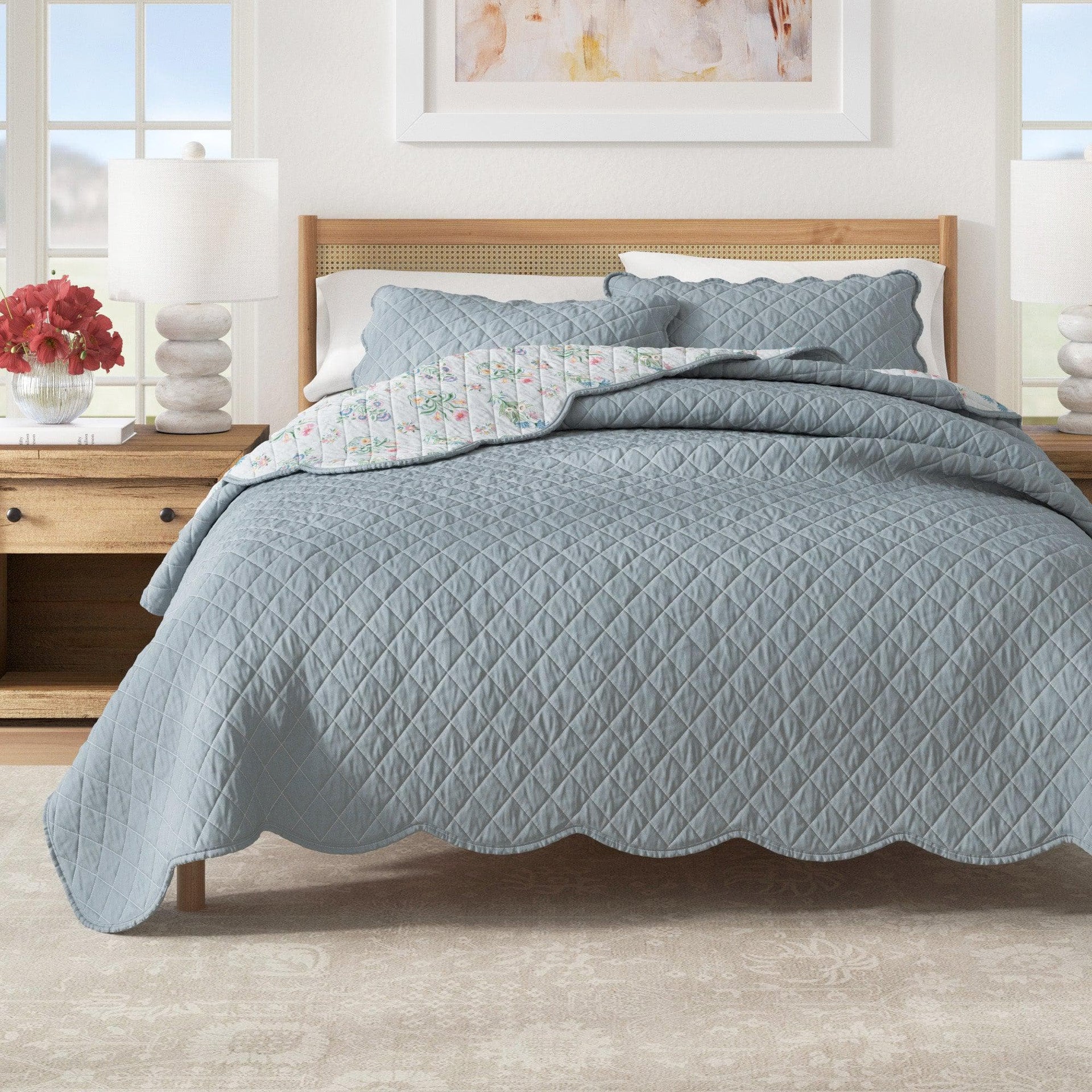 Floral Print & Scallopeded Edge Cotton Quilt Set - Katrin Collection