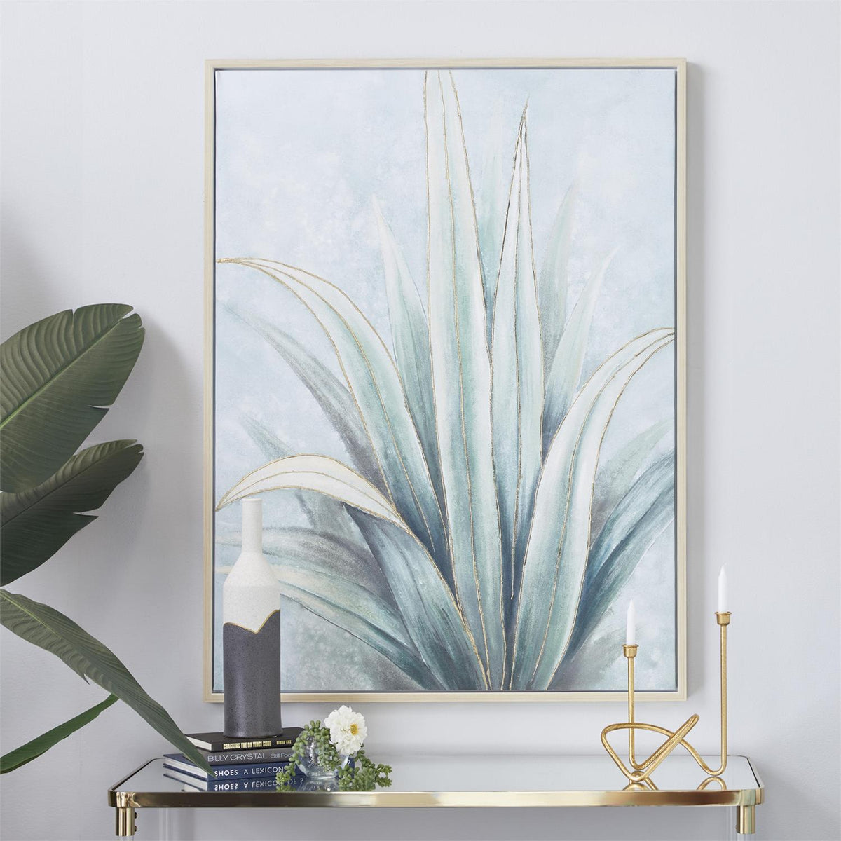 Green Canvas Leaf Agave Living Room Framed Wall Art with Beige Frame
