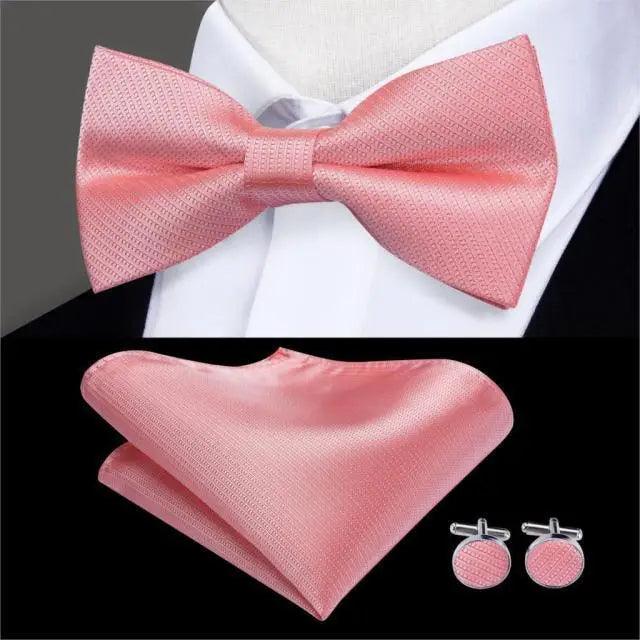 Green Color Silk Butterfly Pre-Tied Bow Tie Pocket Square Cufflinks Suit Set For Men Silk Adjustable Self Bowtie Formal Bowtie Set