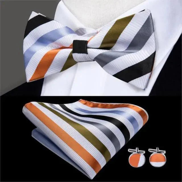 Green Color Silk Butterfly Pre-Tied Bow Tie Pocket Square Cufflinks Suit Set For Men Silk Adjustable Self Bowtie Formal Bowtie Set