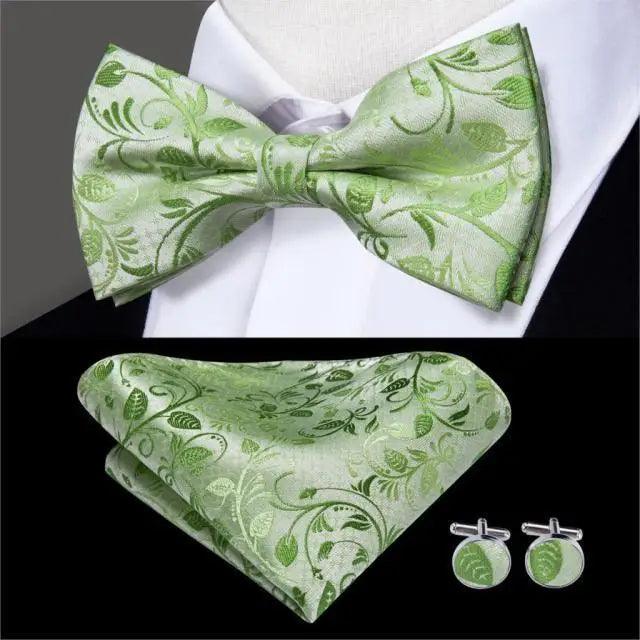 Green Color Silk Butterfly Pre-Tied Bow Tie Pocket Square Cufflinks Suit Set For Men Silk Adjustable Self Bowtie Formal Bowtie Set