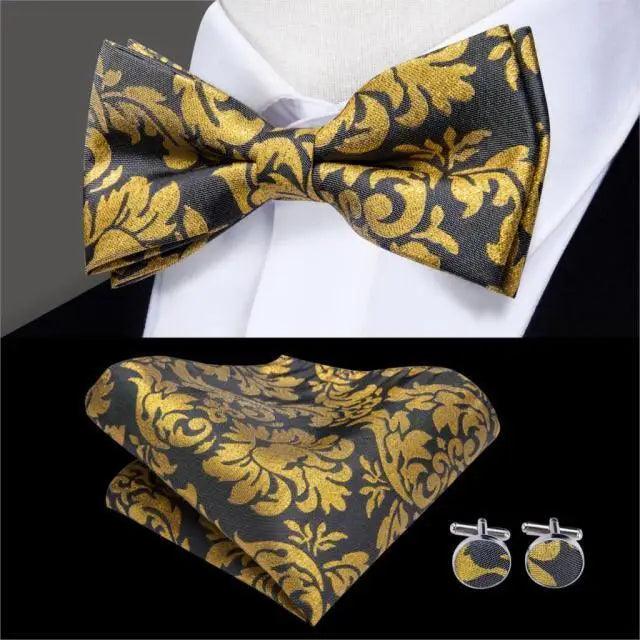 Green Color Silk Butterfly Pre-Tied Bow Tie Pocket Square Cufflinks Suit Set For Men Silk Adjustable Self Bowtie Formal Bowtie Set