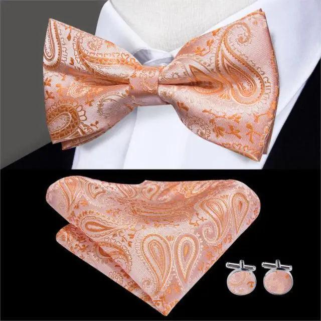 Green Color Silk Butterfly Pre-Tied Bow Tie Pocket Square Cufflinks Suit Set For Men Silk Adjustable Self Bowtie Formal Bowtie Set