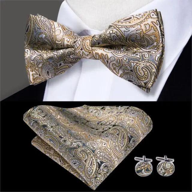 Green Color Silk Butterfly Pre-Tied Bow Tie Pocket Square Cufflinks Suit Set For Men Silk Adjustable Self Bowtie Formal Bowtie Set