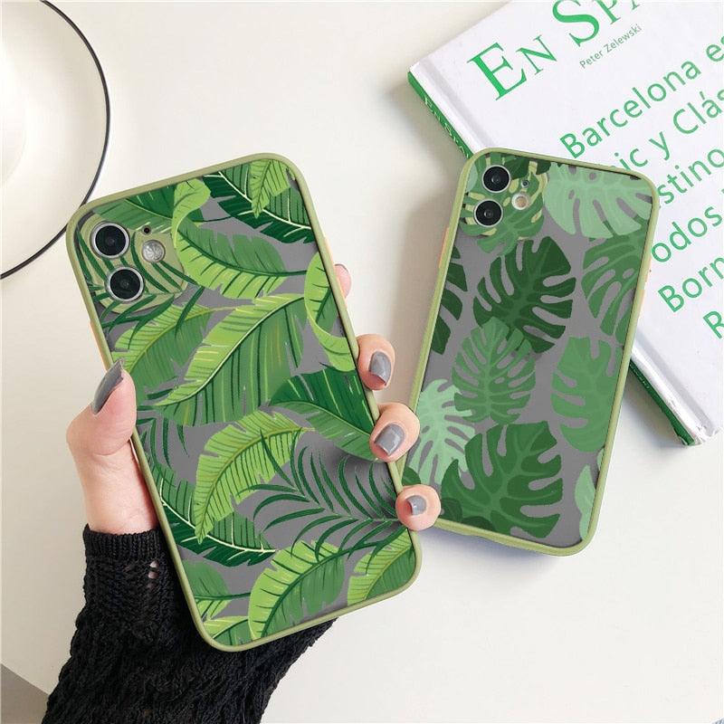 Green Leaves Plant Flower Phone Case for iphone 11 12 13 14 Pro Max Hard Back Shockproof Cover Floral Tropical Design with Slim Glossy Green Palm Leaves Pattern Case