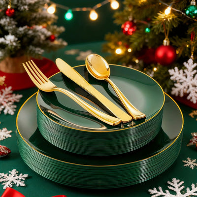 Green Plastic Plate and Cutlery Set for Christmas Parties