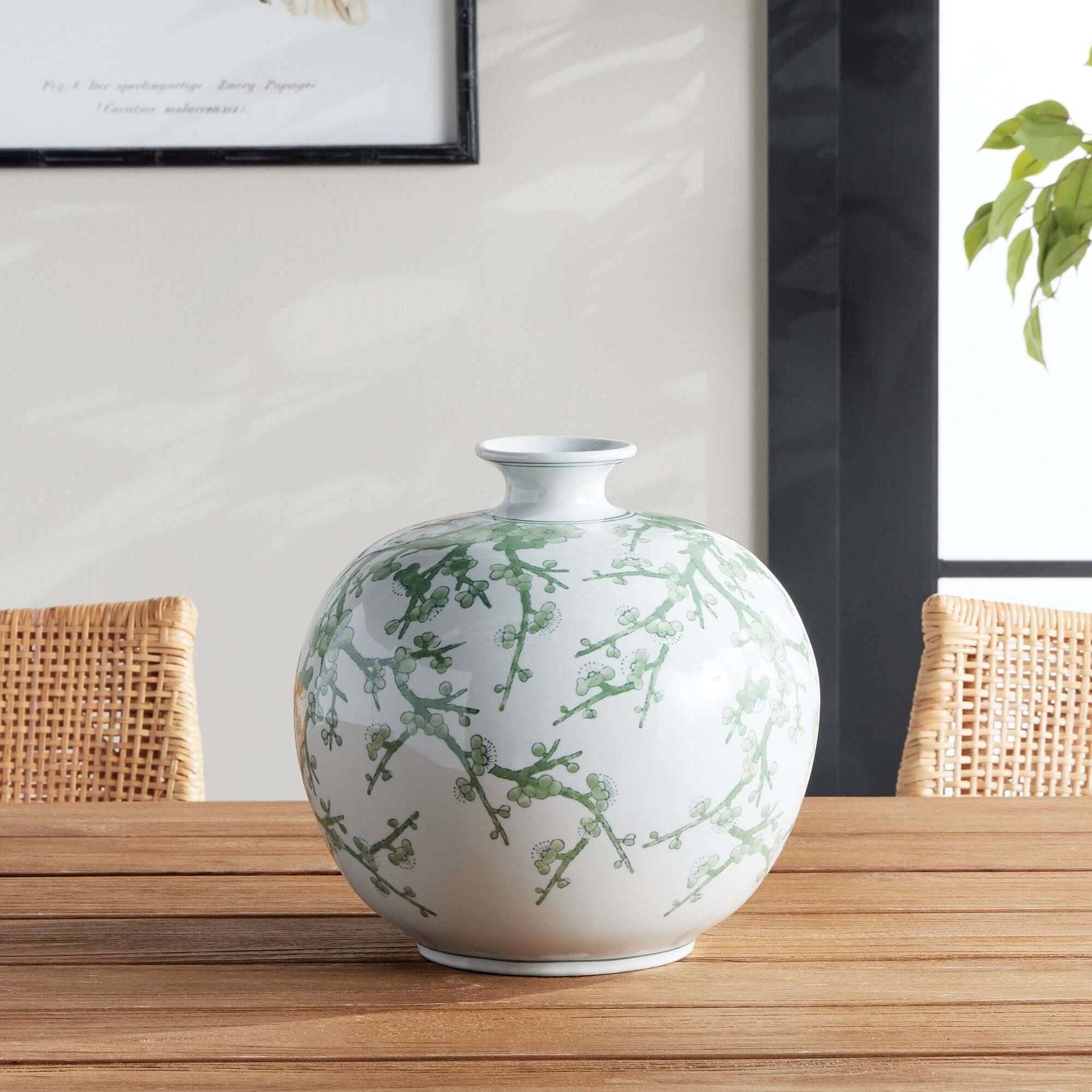 Green and White Botanical Chinoiserie Porcelain Vase