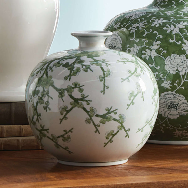 Green and White Botanical Chinoiserie Porcelain Vase