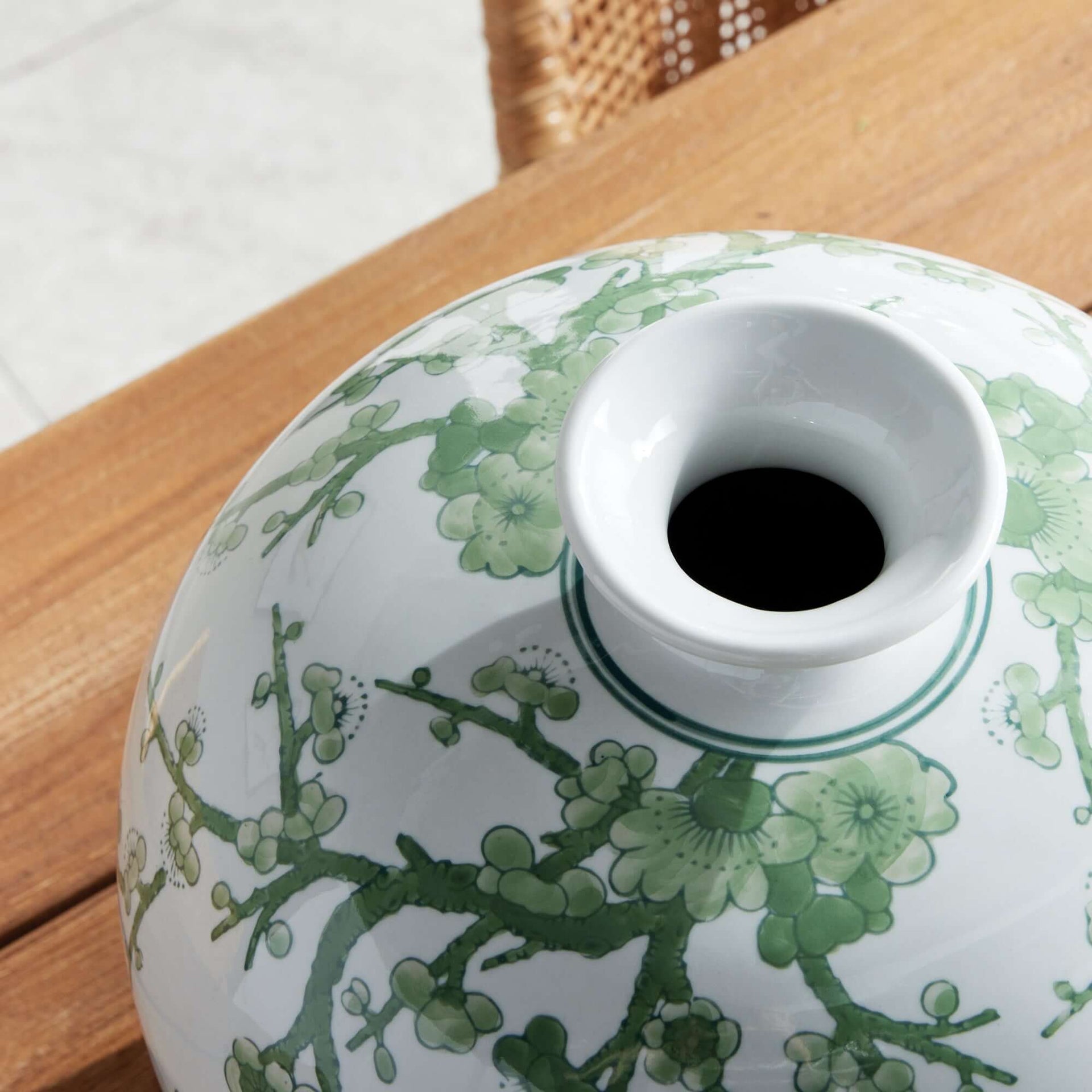 Green and White Botanical Chinoiserie Porcelain Vase