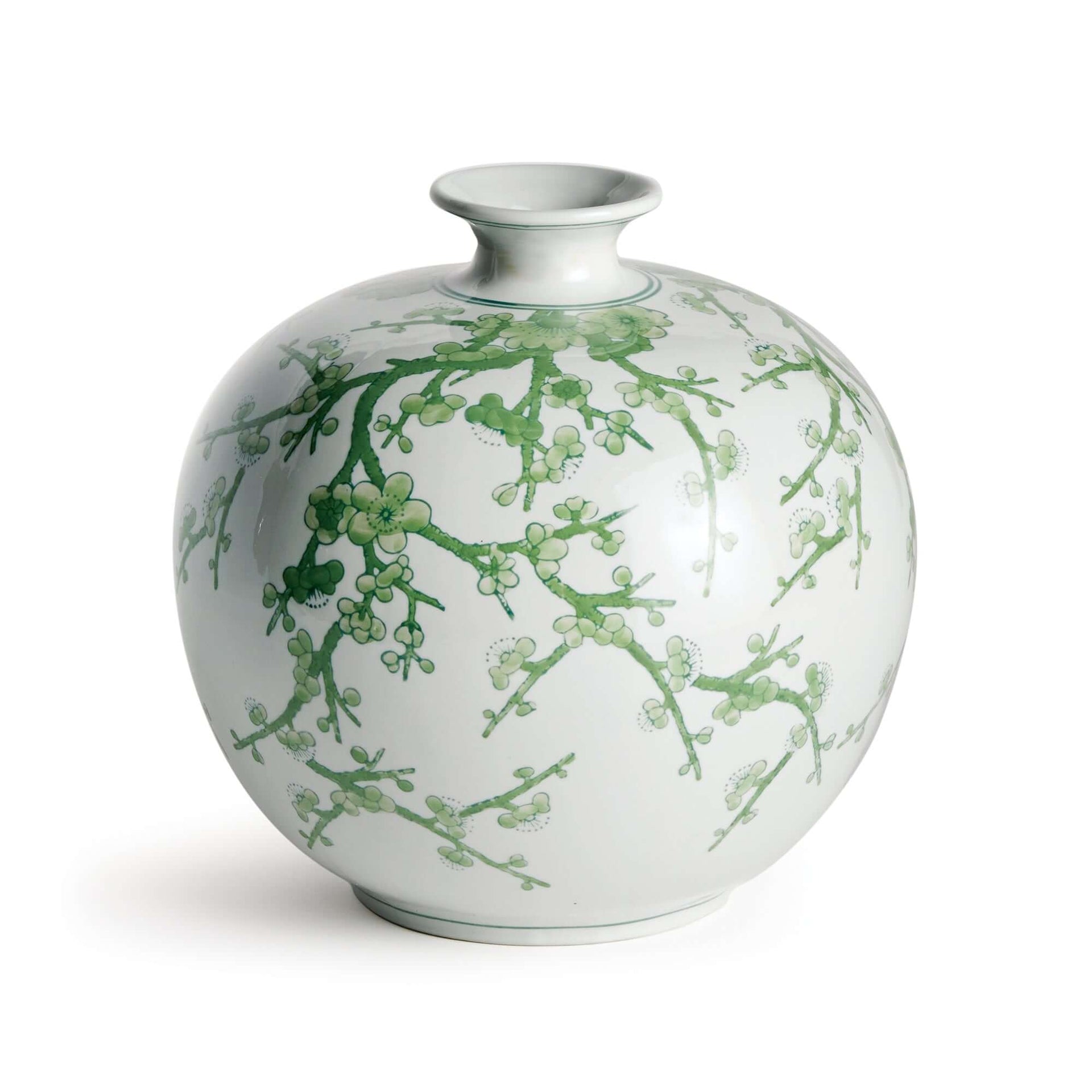 Green and White Botanical Chinoiserie Porcelain Vase