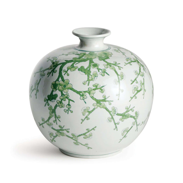 Green and White Botanical Chinoiserie Porcelain Vase