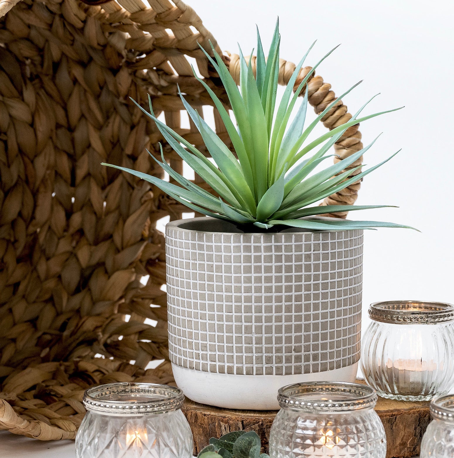 Artificial succulent plant in check patterned concrete pot 8