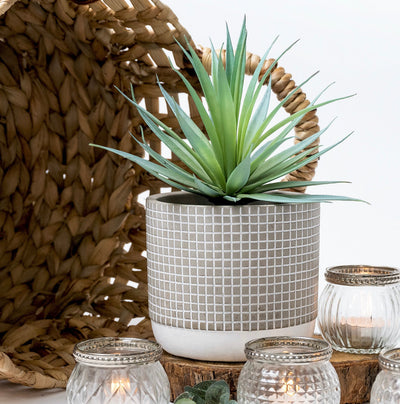 Artificial succulent plant in check patterned concrete pot 8