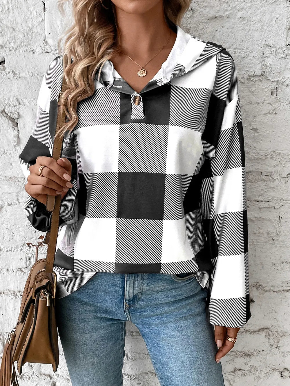 Grid printed loose casual fashionable button long sleeved hooded sweatshirt
