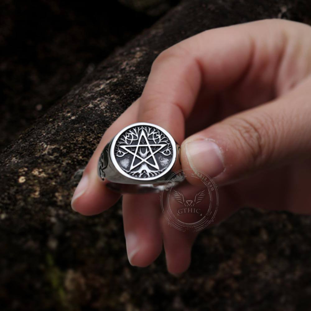 Pentagram Tree of Life Stainless Steel Viking Ring