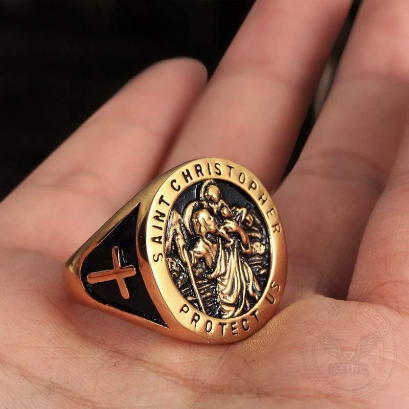 Saint Christopher Protect Us Stainless Steel Cross Ring