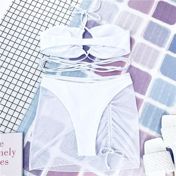 Halter Hollow Cross Bikinis Set Swimsuit Women's New Solid Two-Piece Swimwear Two Piece Swimsuit Halter Crisscross Cut Out Bikini Wrap Top with High Waist  Bottom Beach Swimwear Summer Beachwear Woman Bath Bathing Suit