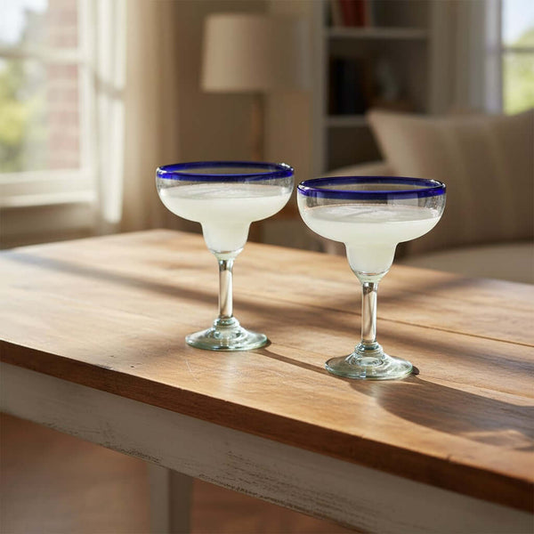 Hand-Blown Mexican Margarita Glass | Classic Cobalt Rim