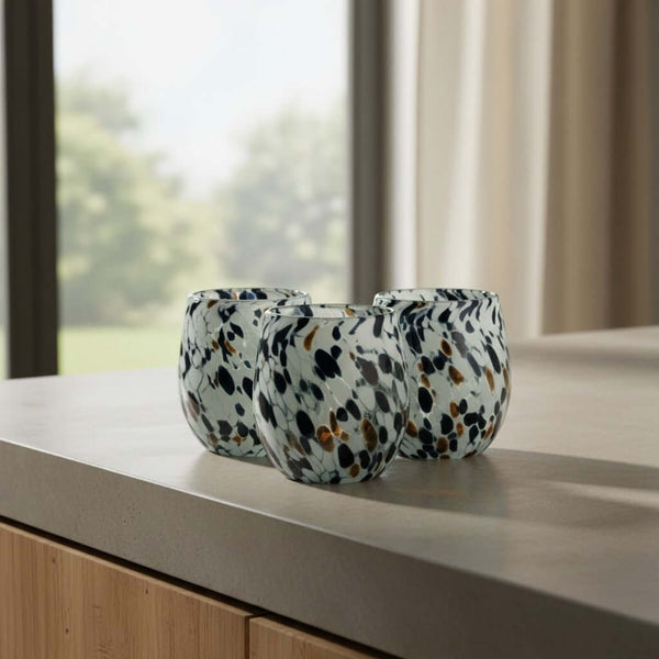 Hand-Blown Mexican Stemless Wine Glass | Blue Mocha Speckle Design