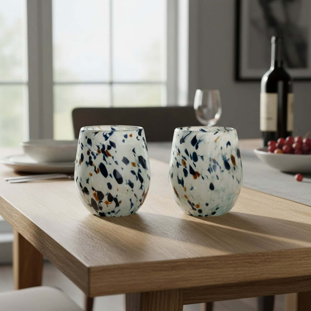 Hand-Blown Mexican Stemless Wine Glass | Blue Mocha Speckle Design